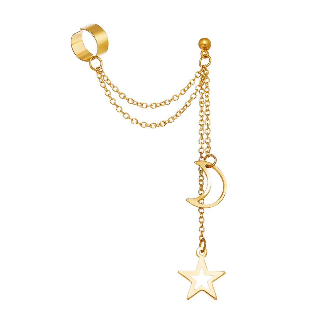Stunning gold ear cuff adorned with a star and moon, ideal for those who love celestial-themed accessories.