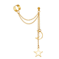 Stunning gold ear cuff adorned with a star and moon, ideal for those who love celestial-themed accessories.