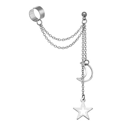 Silver-Plated Ear Cuff and Celestial Drop Earring, silver drop earrings for women, vintage-inspired design, front view