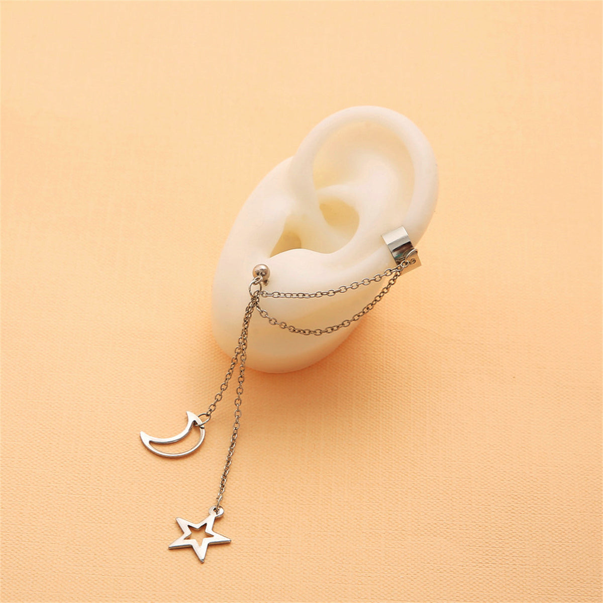 Silver-Plated Ear Cuff and Celestial Drop Earring, silver drop earrings for women, vintage-inspired design, detail close-up