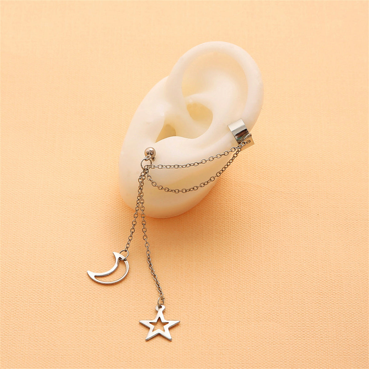 Silver-Plated Ear Cuff and Celestial Drop Earring, silver drop earrings for women, vintage-inspired design, side view