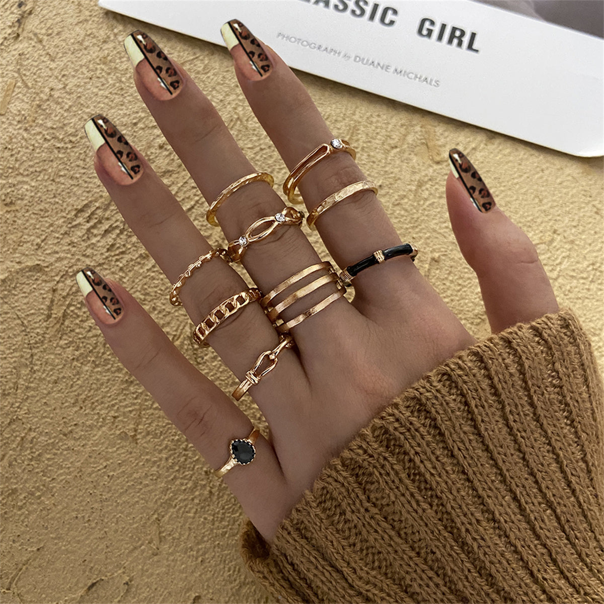 Cubic Zirconia and Enamel 18K Gold-Plated Layered Ring Set, jewelry gift sets for women, botanical inspired, front view