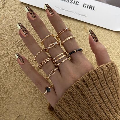 Cubic Zirconia and Enamel 18K Gold-Plated Layered Ring Set, jewelry gift sets for women, botanical inspired, front view