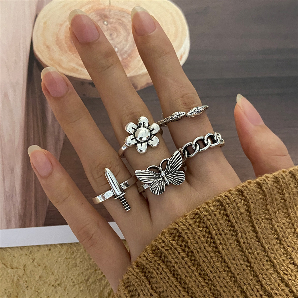 Silver-Plated Butterfly Snake Flower Ring Set
