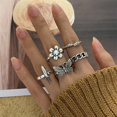 Silver-Plated Butterfly Snake Flower Ring Set