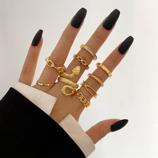 Cubic Zirconia and 18K Gold-Plated Snake Chain Ring Set, jewelry gift sets for women, vintage-inspired design, front view