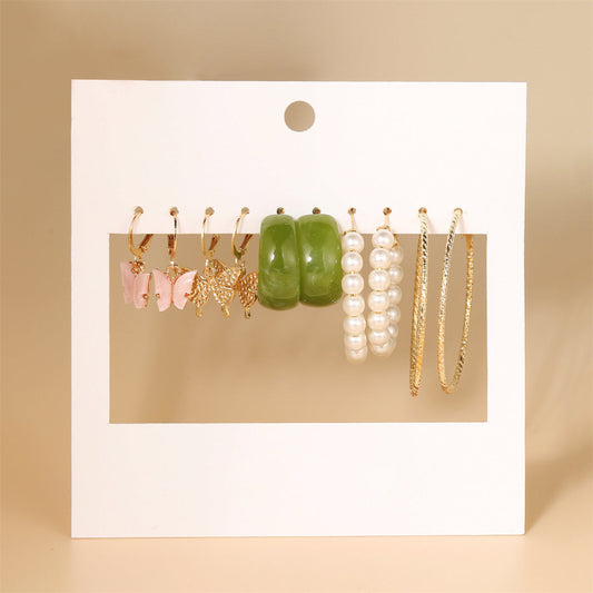 Pearl and Resin 18K Gold-Plated Butterfly Huggie Earring Set, gold huggie earrings, botanical inspired, front view