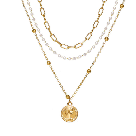 Pearl and 18K Gold-Plated Coin Pendant Necklace Set, jewelry gift sets for women, dainty minimalist design, front view