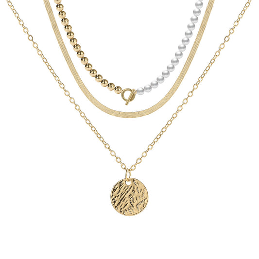 Pearl and 18K Gold-Plated Snake Chain Toggle Necklace Set, jewelry gift sets for women, vintage-inspired design, front view
