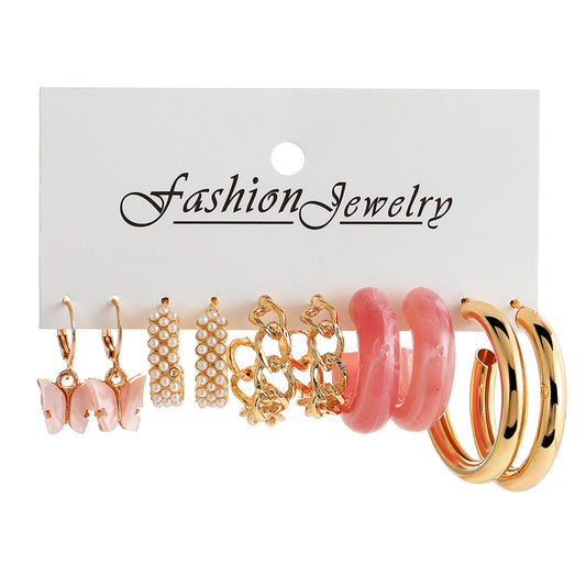 Pink Resin and Acrylic 18K Gold-Plated Butterfly Drop Huggie Earrings Set, gold huggie earrings, front view
