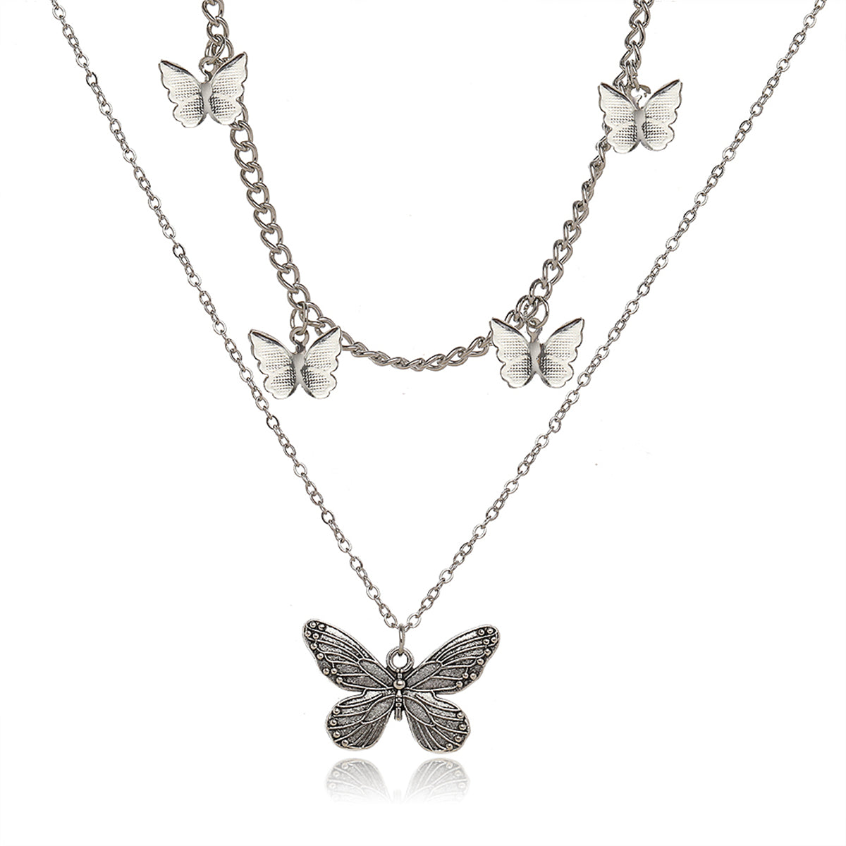 Silver-Plated Layered Butterfly Station Necklace, silver pendant necklace for women, botanical inspired, front view