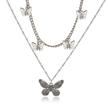 Silver-Plated Layered Butterfly Station Necklace, silver pendant necklace for women, botanical inspired, front view