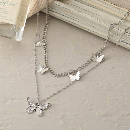 Silver-Plated Layered Butterfly Station Necklace, silver pendant necklace for women, botanical inspired, lifestyle look