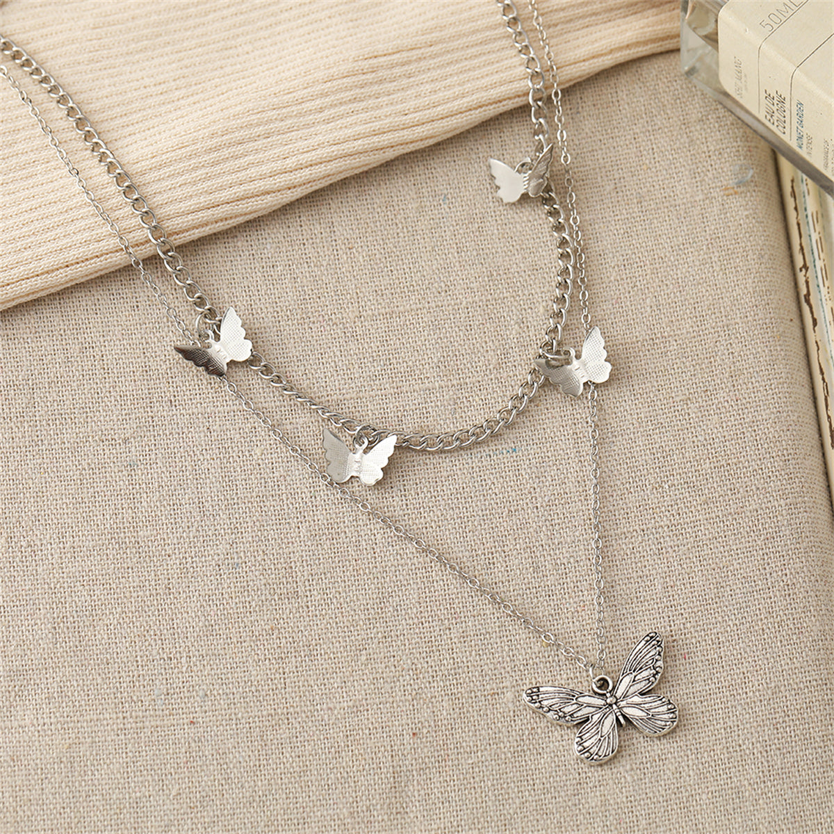 Silver-Plated Layered Butterfly Station Necklace, silver pendant necklace for women, botanical inspired, styled look