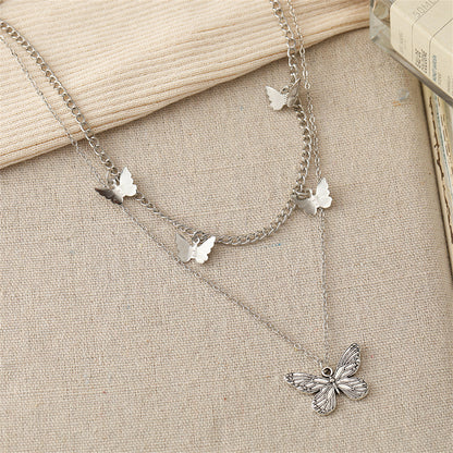 Silver-Plated Layered Butterfly Station Necklace, silver pendant necklace for women, botanical inspired, styled look