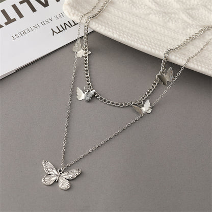 Silver-Plated Layered Butterfly Station Necklace, silver pendant necklace for women, botanical inspired, side view