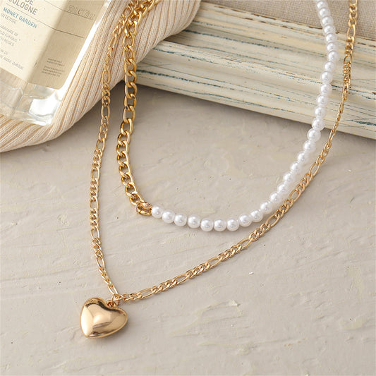 Pearl Chain and 18K Gold-Plated Heart Pendant Necklace, gold pendant necklace for women, vintage-inspired design, front view
