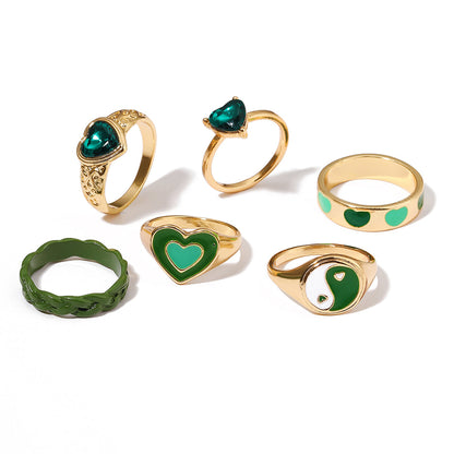 Green Crystal and Enamel 18K Gold-Plated Yin Yang Heart Ring Set, jewelry gift sets for women, botanical inspired, front view