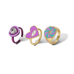 Purple Enamel & Crystal 18K Gold-Plated Heart Eye Ring Set