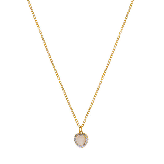 White Cats Eye and Cubic Zirconia 18K Gold-Plated Heart Pendant Necklace, gold pendant necklace for women, front view