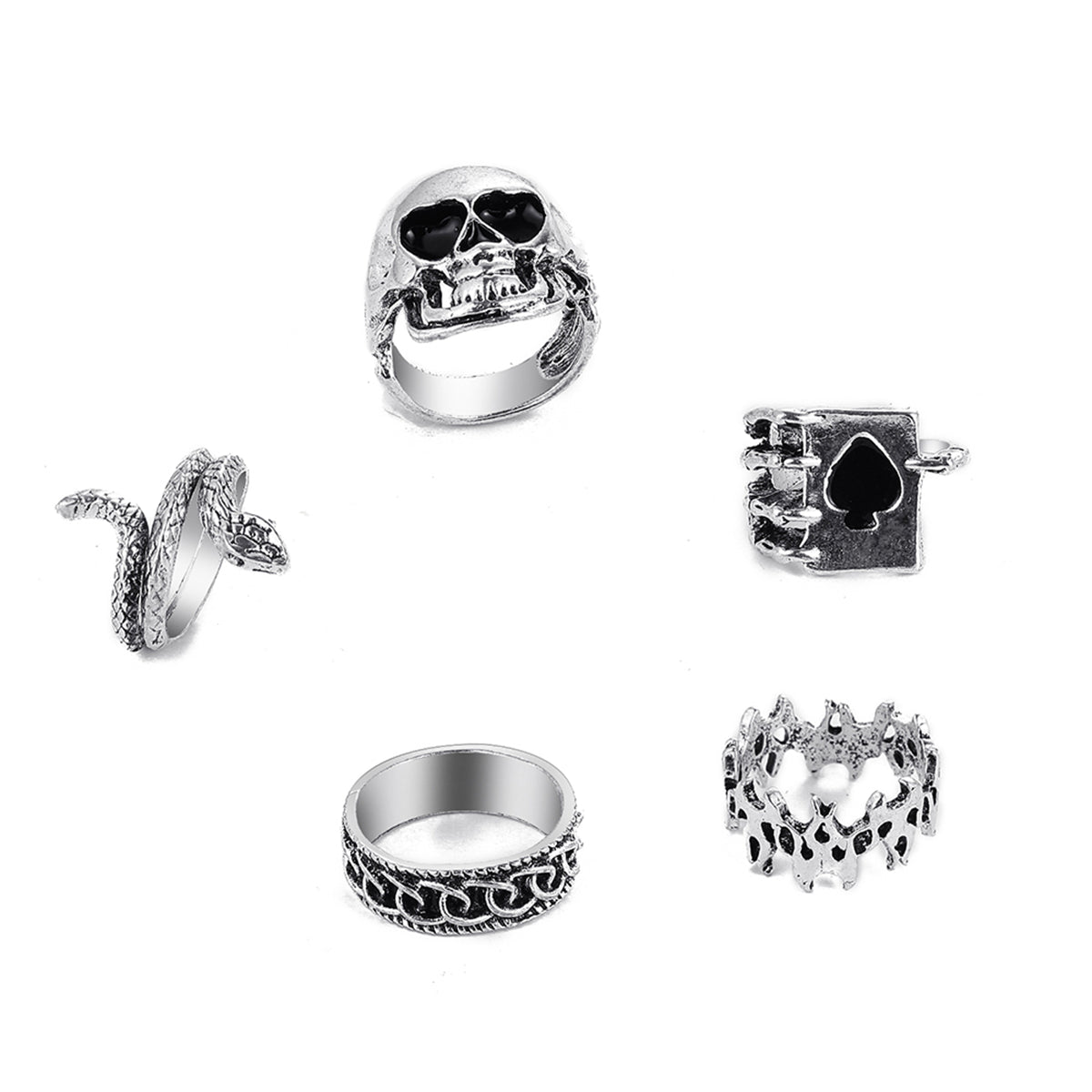 Silver-Plated Oxidized Skull Ring Set