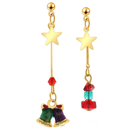 Purple and Green Star and Bell Mismatched Drop Earrings, drop earrings for women, elegant gift for her, front view