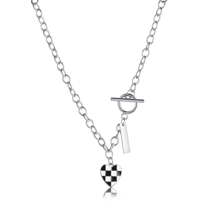Black Enamel and Silver-Plated Checkerboard Heart Toggle Necklace, silver pendant necklace for women, front view