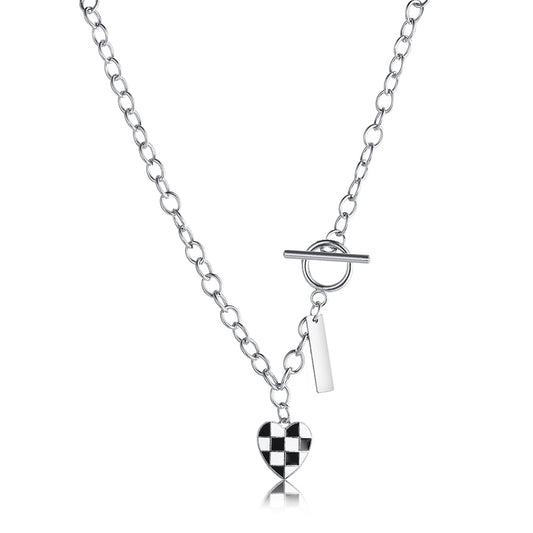Black Enamel and Silver-Plated Checkerboard Heart Toggle Necklace, silver pendant necklace for women, front view