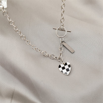 Black Enamel and Silver-Plated Checkerboard Heart Toggle Necklace, silver pendant necklace for women, styled look