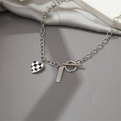 Black Enamel and Silver-Plated Checkerboard Heart Toggle Necklace, silver pendant necklace for women, side view