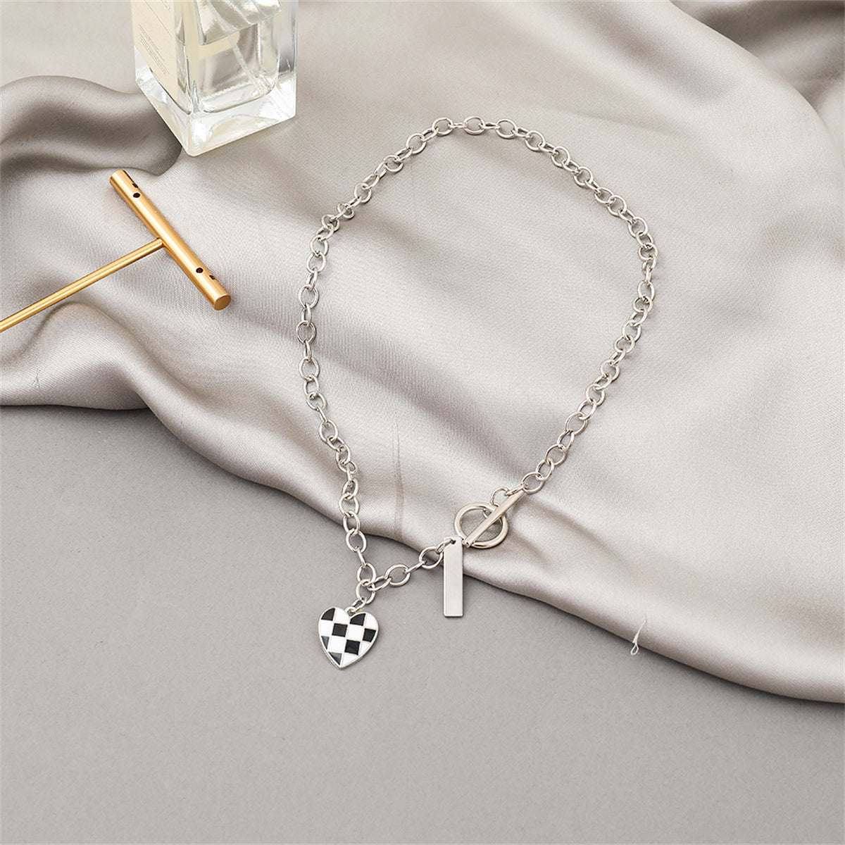 Black Enamel and Silver-Plated Checkerboard Heart Toggle Necklace, silver pendant necklace for women, lifestyle look