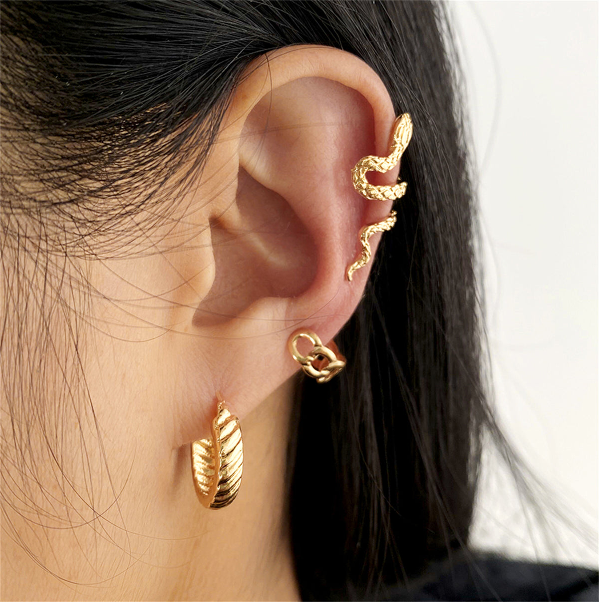 18K Gold-Plated Snake Ear Cuff Set, gold hoop earrings for women, vintage-inspired design, front view