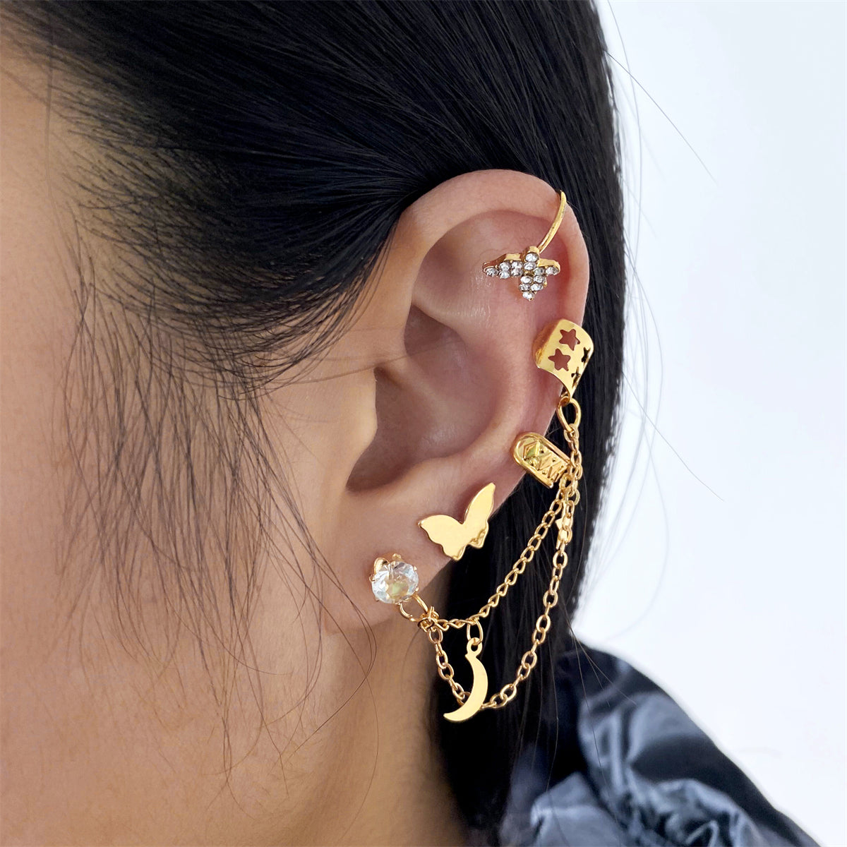 Cubic Zirconia & 18K Gold-Plated Celestial Butterfly Ear Cuff Set