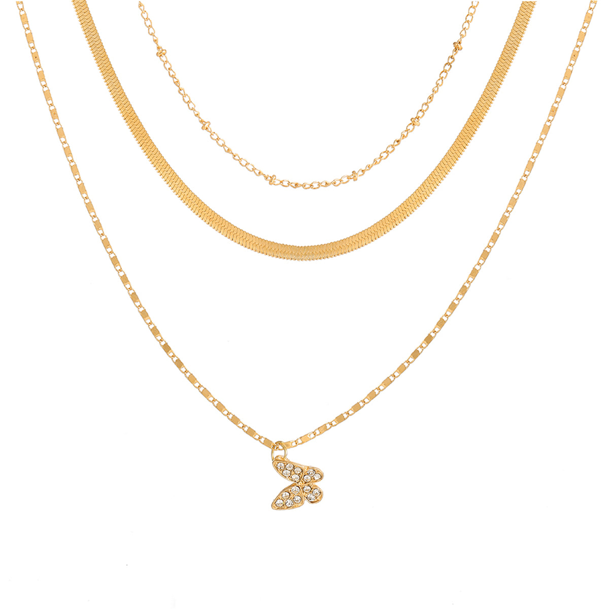 Cubic Zirconia and 18K Gold-Plated Snake Chain Butterfly Layered Pendant Necklace, gold pendant necklace for..., front view