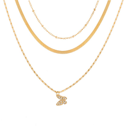 Cubic Zirconia and 18K Gold-Plated Snake Chain Butterfly Layered Pendant Necklace, gold pendant necklace for..., front view