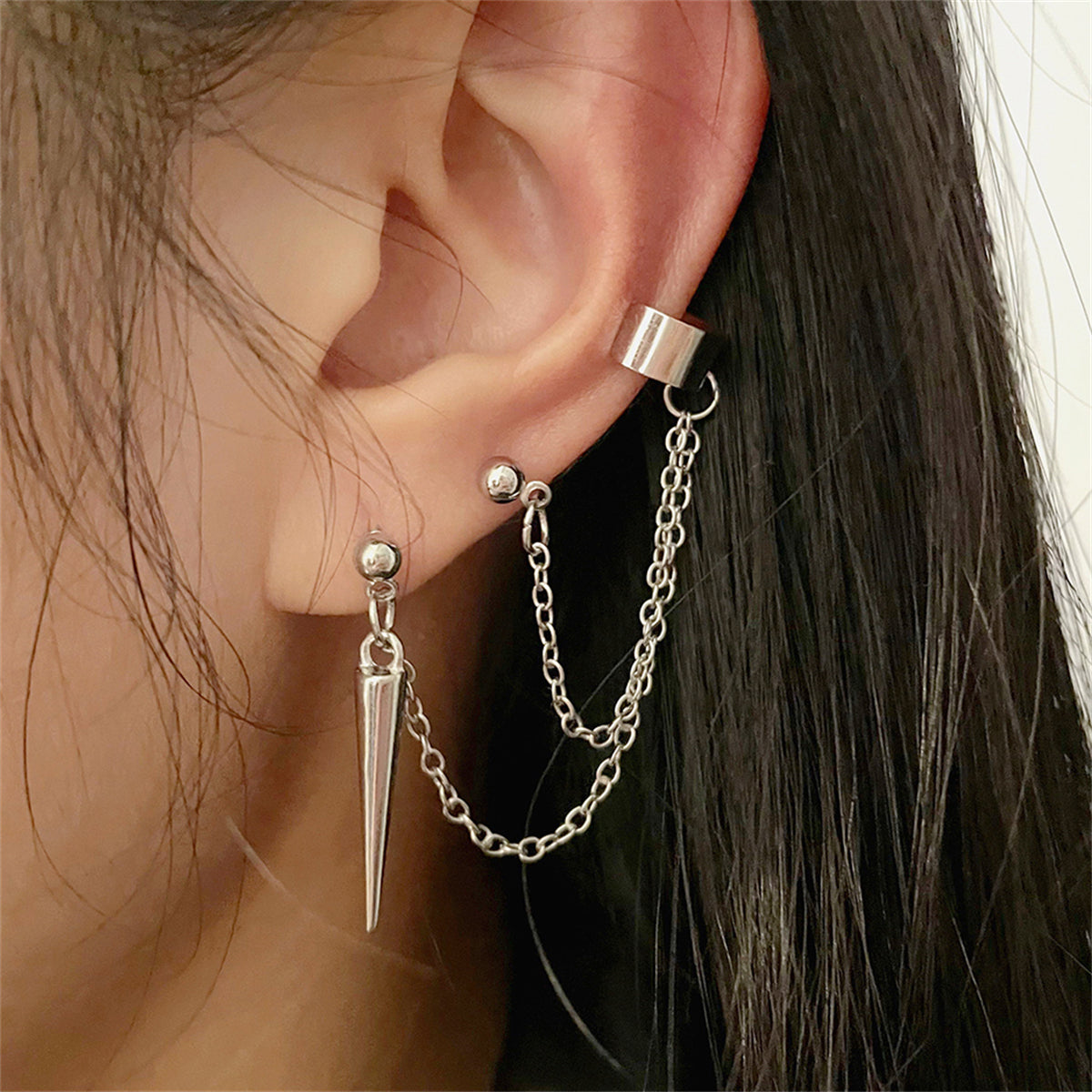Silver-Plated Awl Dangle Earring and Ear Cuff Set, silver drop earrings for women, dainty minimalist design, front view