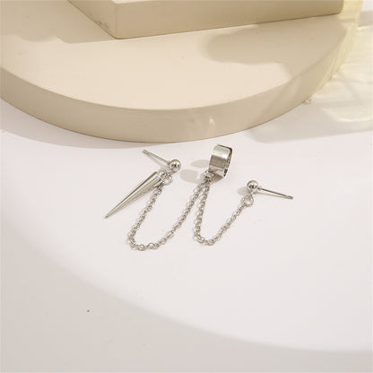 Silver-Plated Awl Dangle Earring and Ear Cuff Set, silver drop earrings for women, dainty minimalist design, styled look