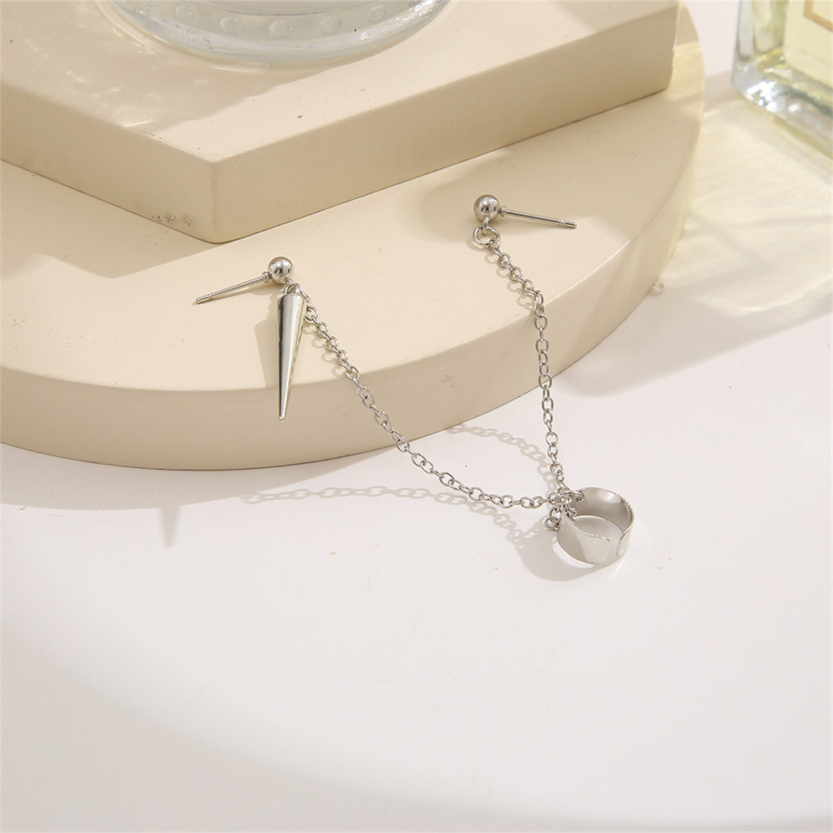 Silver-Plated Awl Dangle Earring and Ear Cuff Set, silver drop earrings for women, dainty minimalist design, side view