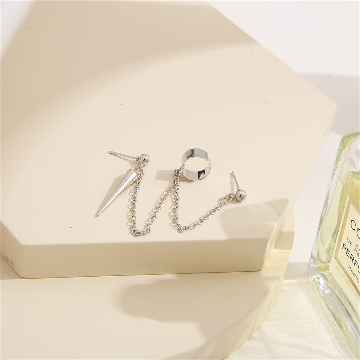 Silver-Plated Awl Dangle Earring and Ear Cuff Set, silver drop earrings for women, dainty minimalist design, detail close-up