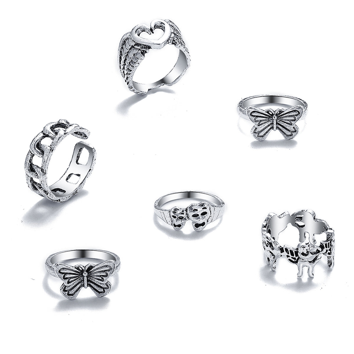 Silver-Plated Butterfly Heart Ring Set