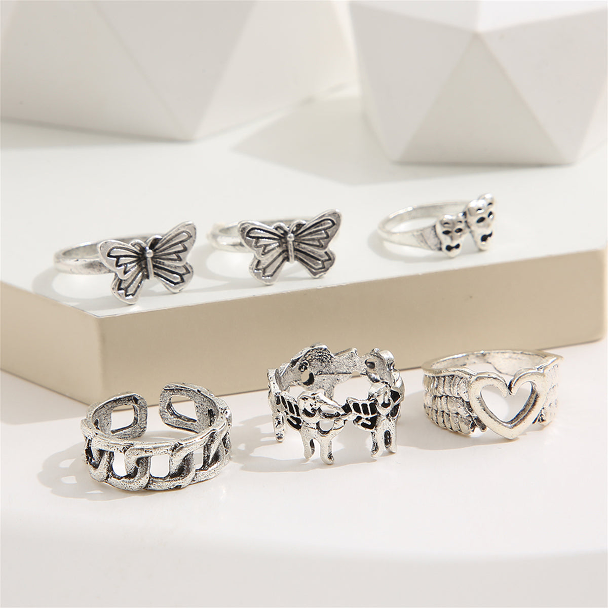 Silver-Plated Butterfly Heart Ring Set