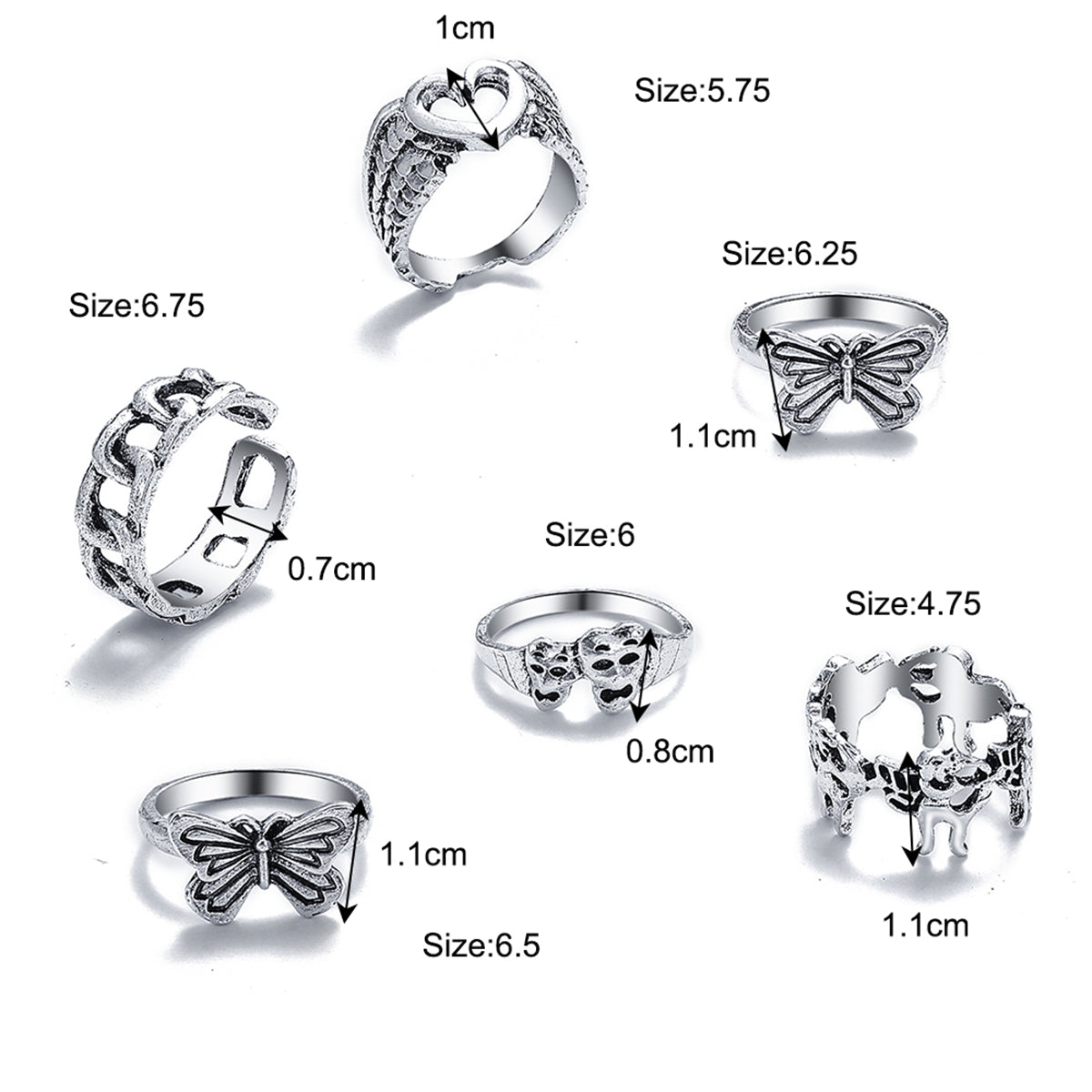 Silver-Plated Butterfly Heart Ring Set