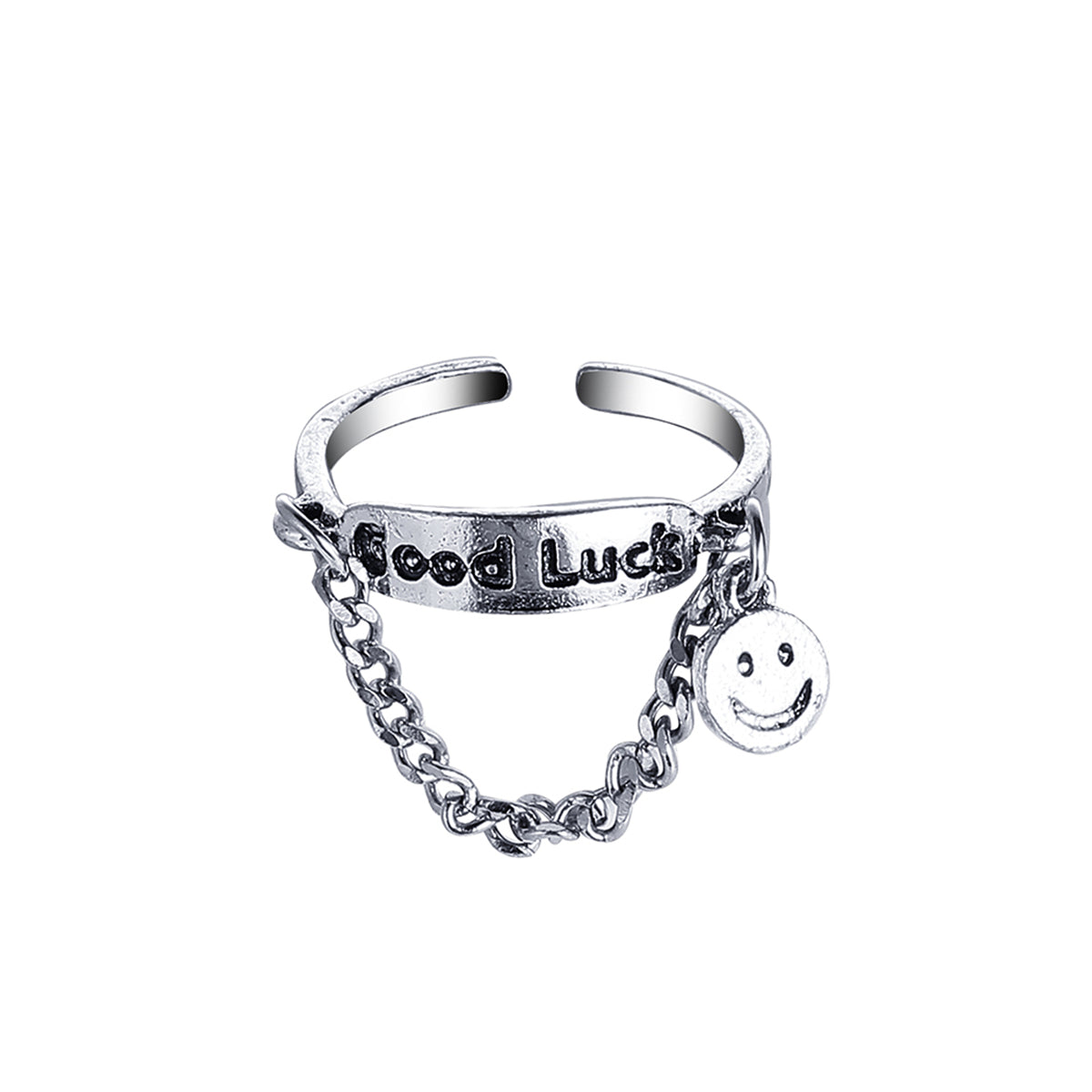 Silver-Plated 'Good Luck' Chain Smiley Ring, silver statement rings for women, dainty minimalist design, front view