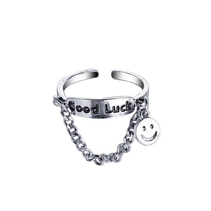 Silver-Plated 'Good Luck' Chain Smiley Ring, silver statement rings for women, dainty minimalist design, front view