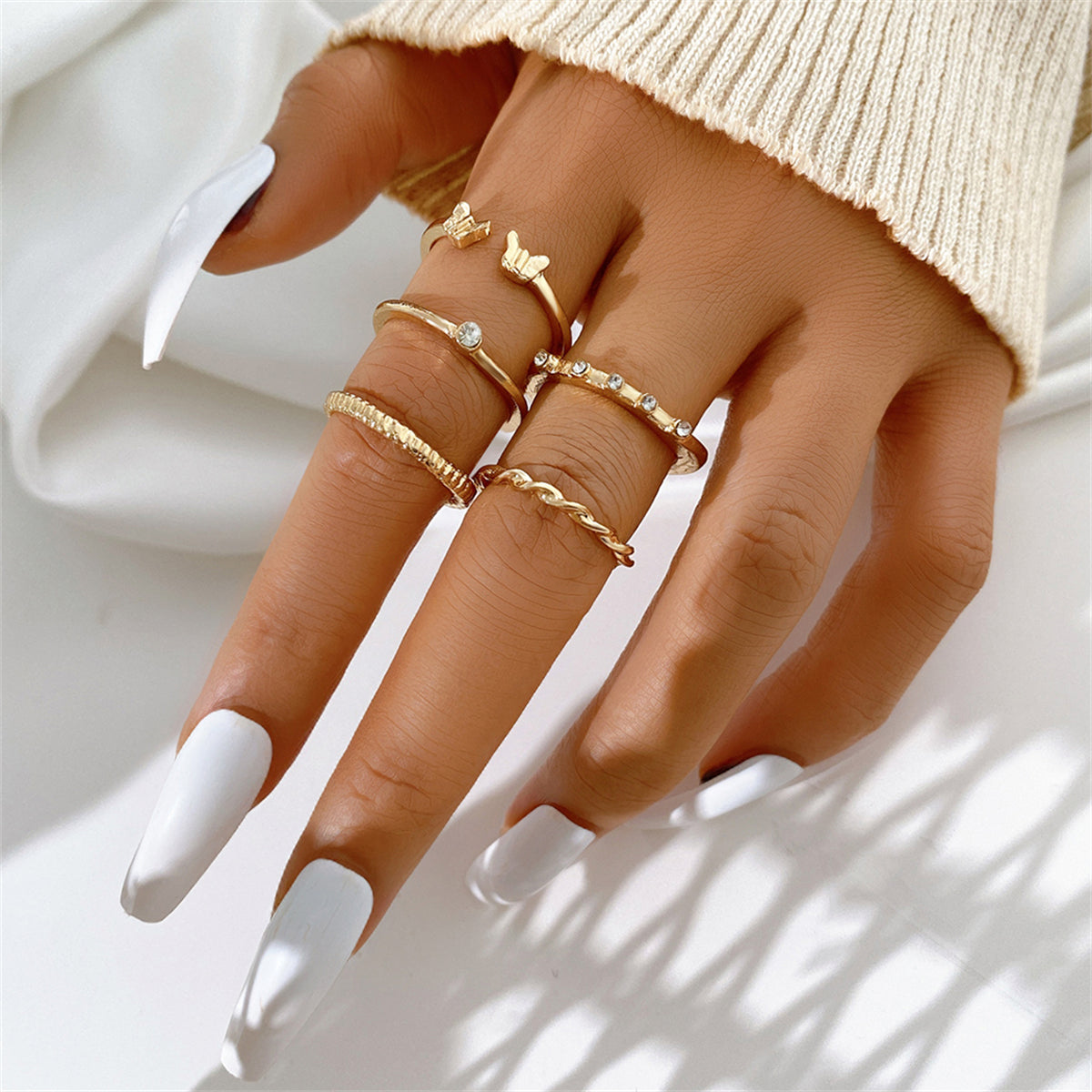 Cubic Zirconia & 18K Gold-Plated Twine Butterfly Ring Set
