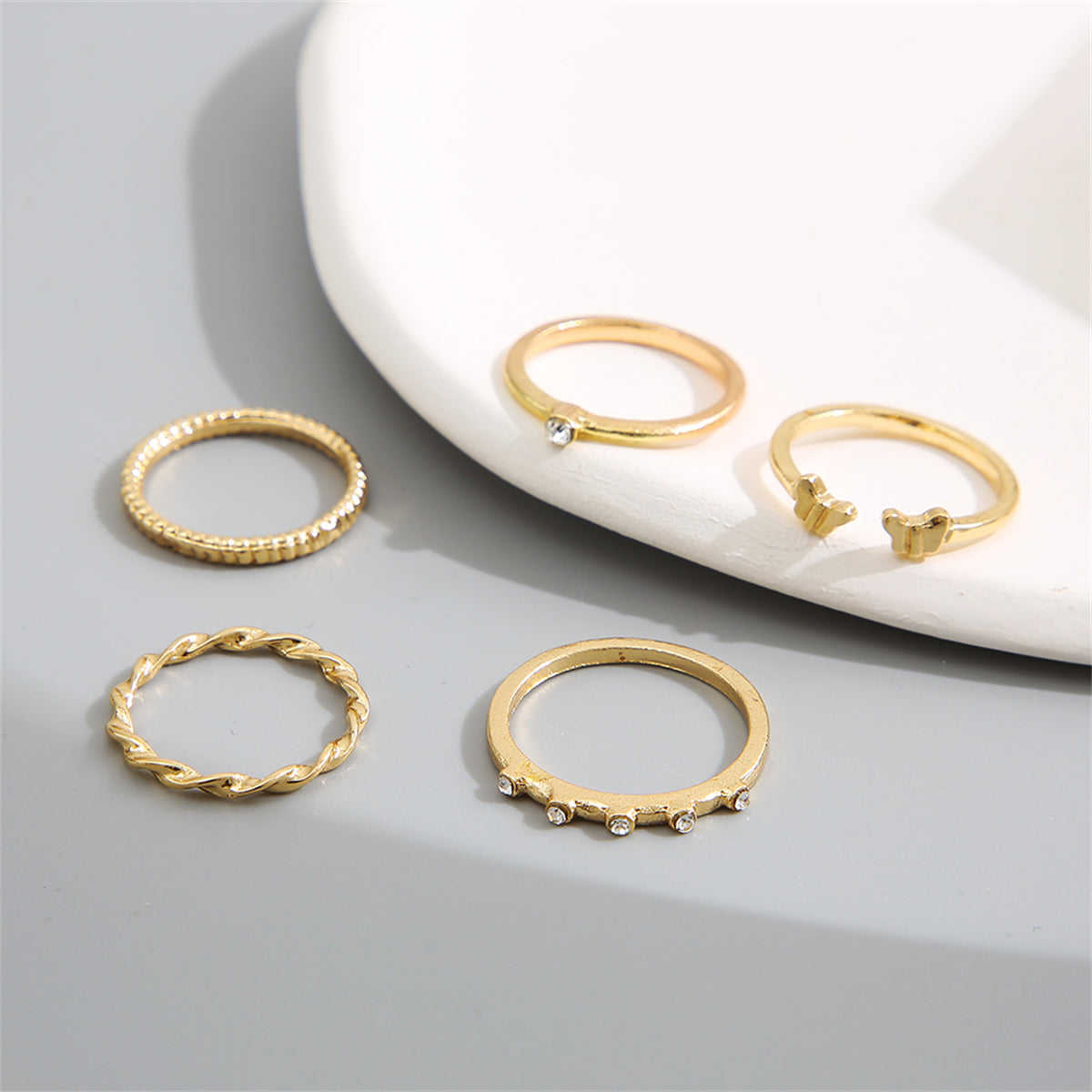 Cubic Zirconia & 18K Gold-Plated Twine Butterfly Ring Set
