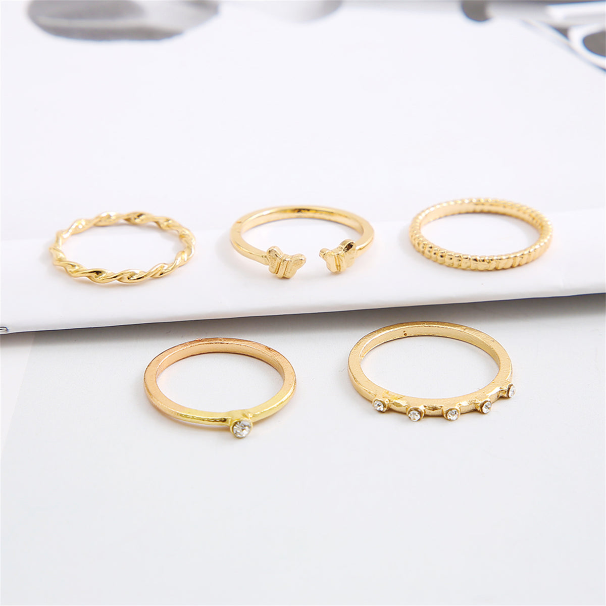 Cubic Zirconia & 18K Gold-Plated Twine Butterfly Ring Set