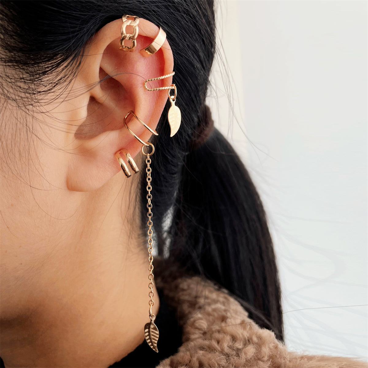 18K Gold-Plated Leaves Ear Cuff Set, gold stud earrings for women, botanical inspired, front view