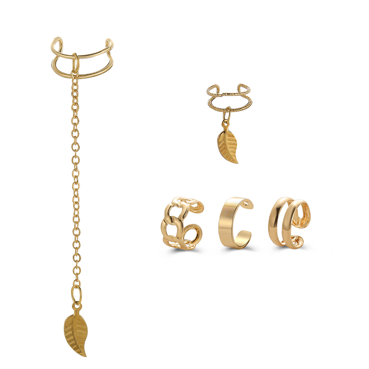18K Gold-Plated Leaves Ear Cuff Set, gold stud earrings for women, botanical inspired, side view