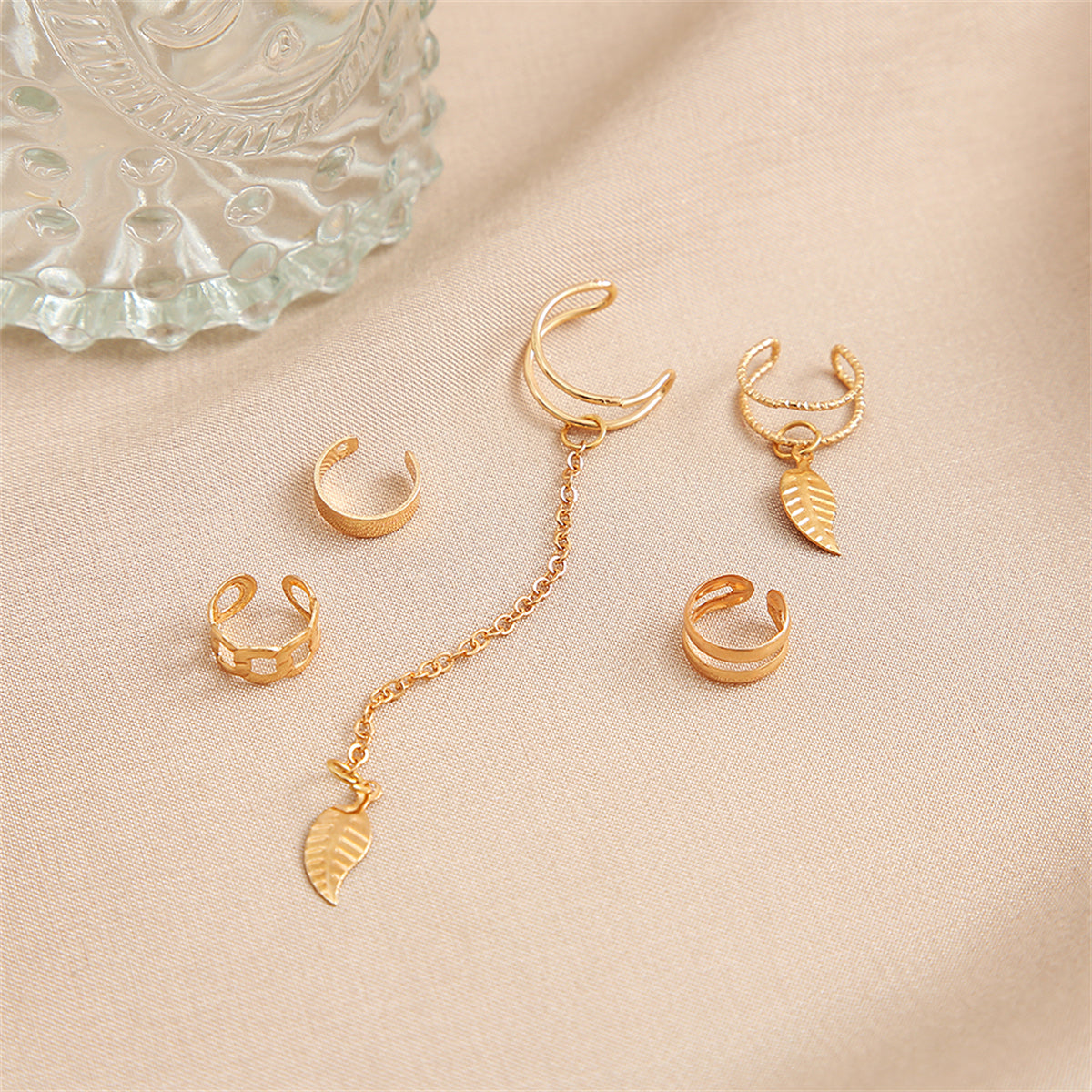 18K Gold-Plated Leaves Ear Cuff Set, gold stud earrings for women, botanical inspired, lifestyle look
